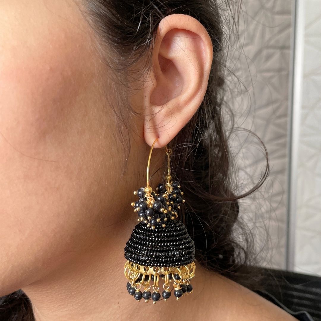 Jhumka Earrings For Women & Girls, Traditional Pearl Jhumki & Hoop Style Earrings - Black